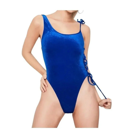 Frankie’s bikinis Honey Velvet Cheeky One Piece Swimsuit NWT Size Medium Blue - Picture 2 of 11